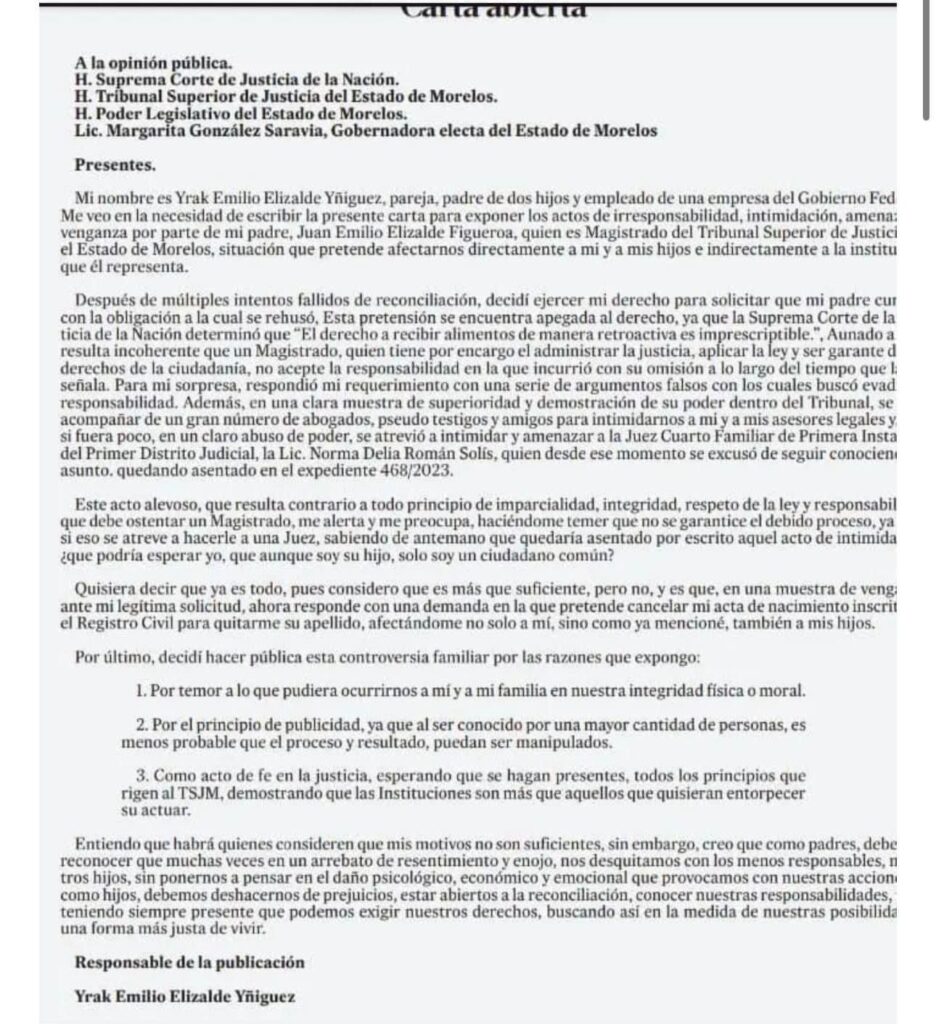 Su propio hijo denuncia a Juan Emilio Elizalde Figueroa, magistrado del TSJ de Morelos